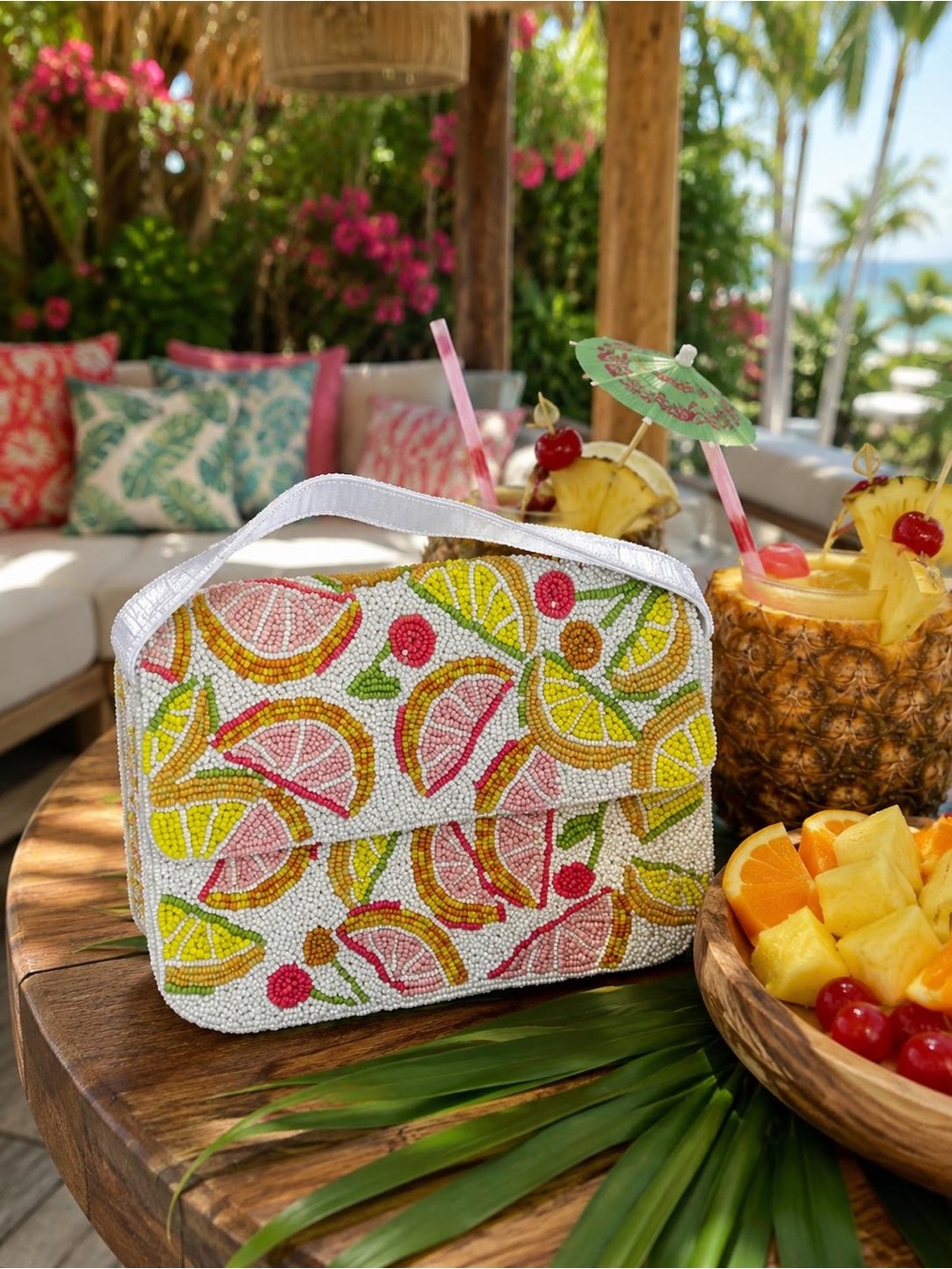 Beaded Citrus Print Shoulder Bag - White/Pink/Yellow - Picture 1 of 5